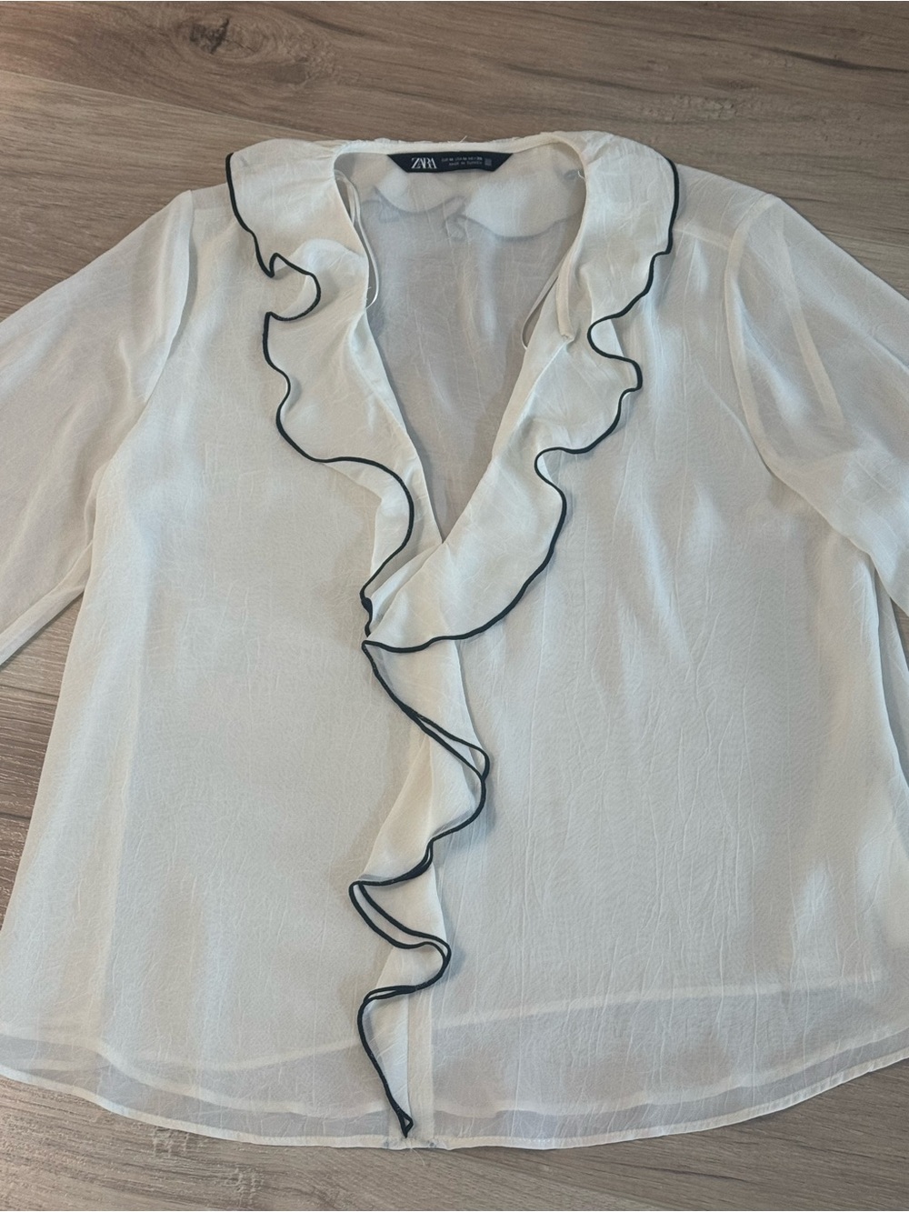 ZARA White Sheer Ruffle-Trim Blouse with Black Piping